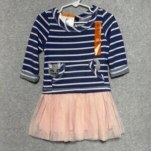 Zunie Girls Tutu Dress Size 2T, 3T, 4 Blue Pink Long Sleeve Dropwaist Cat